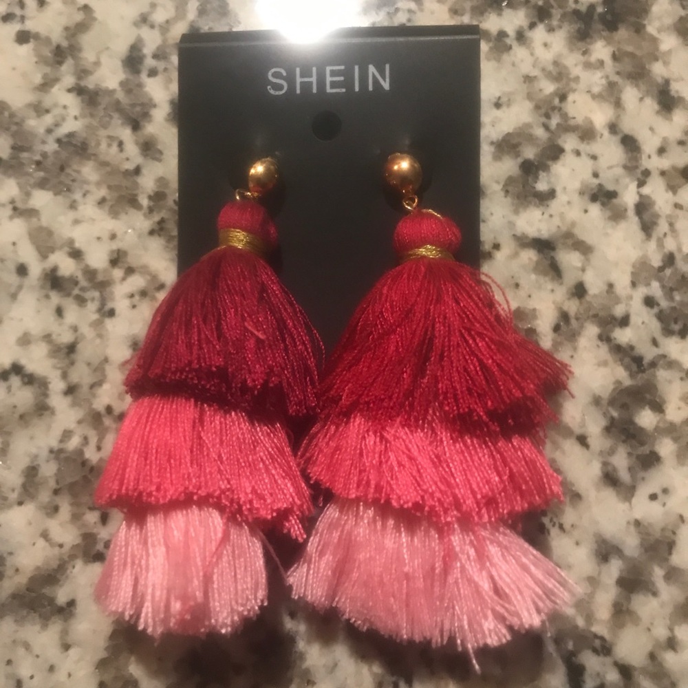 Pink multi-colored tassel earrings.